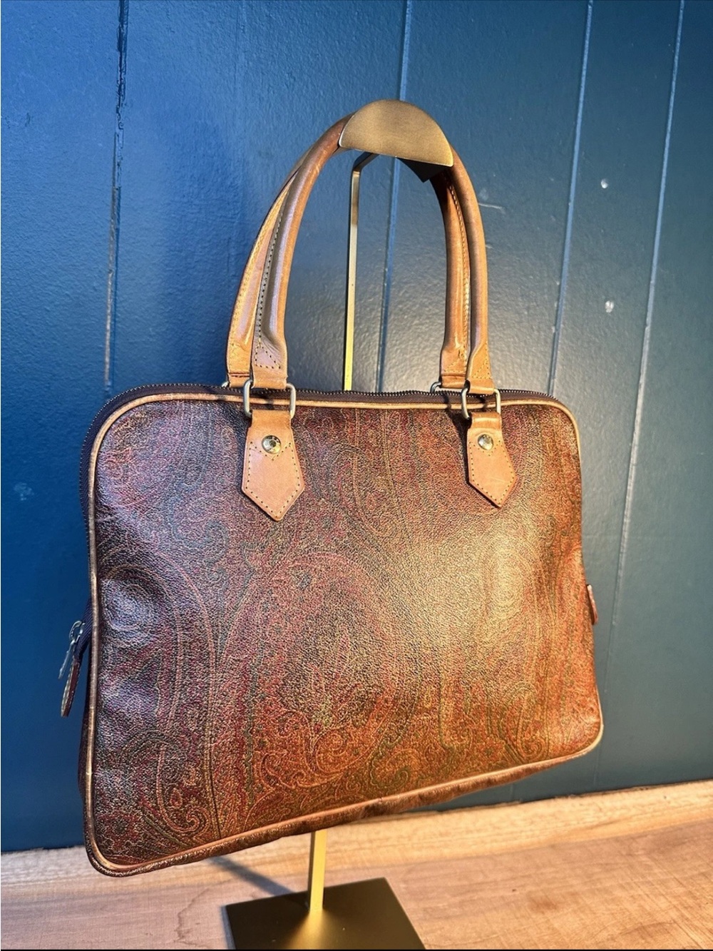Vintage Etro Milano Paisley Laptop Tote Briefcase Leather Trim Italy Bag